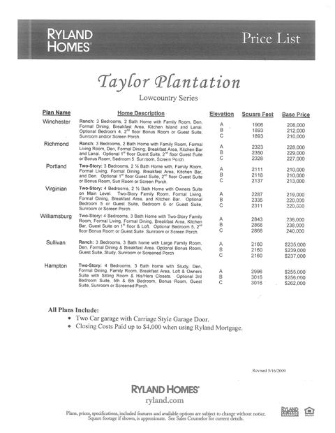 Taylor Plantation Summerville SC Price List Lowcountry Series